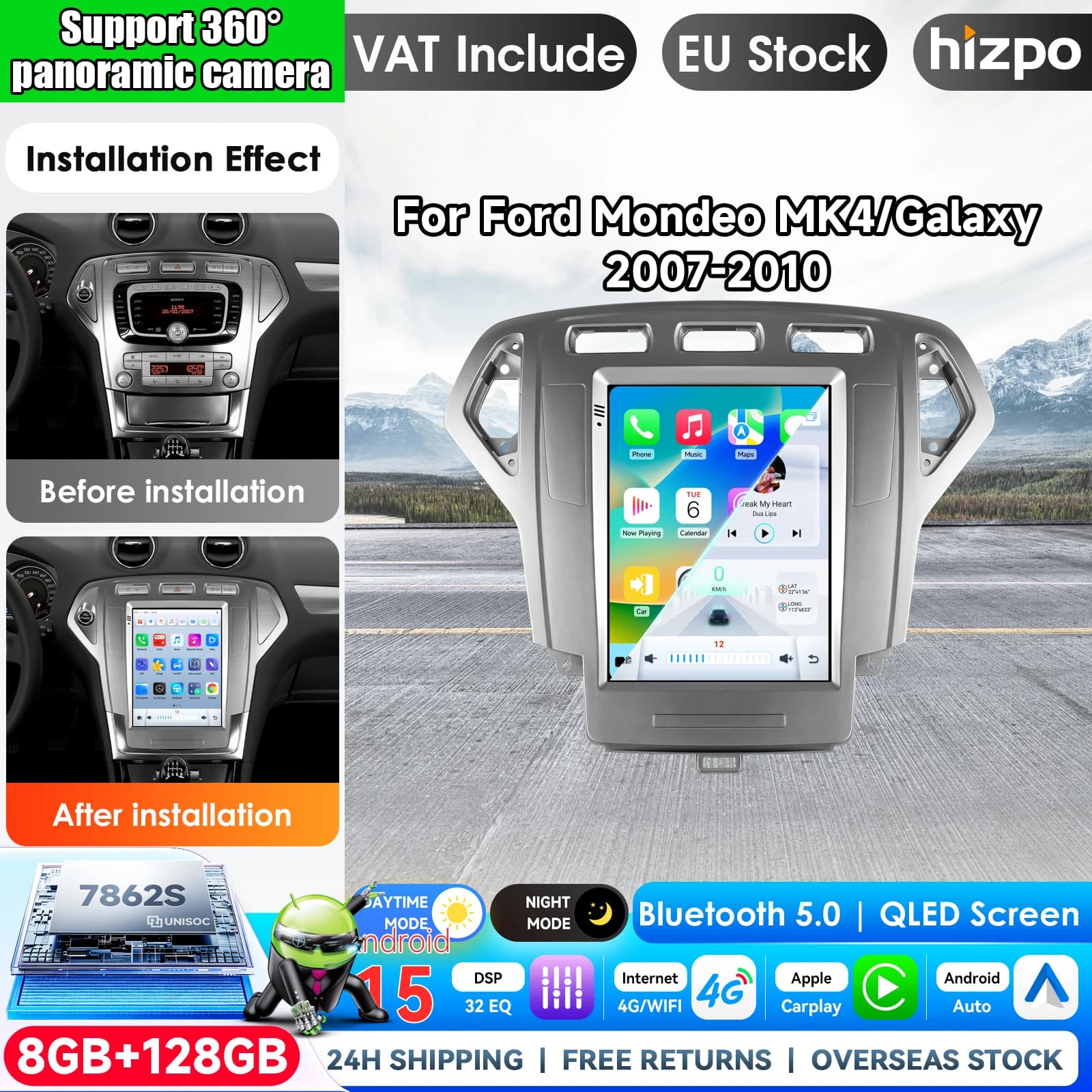 Hizpo 9.7inch For Tesla Style Car Radio For Ford Mondeo MK4 / Galaxy 2007-2010(Auto A/C only) Android Auto 4G Wireless Carplay DSP Multimedia Player 2Din Stereo Autoradio Navigation GPS Car AI Intelligent Systems Head Unit Autoradio Video Stereo Audio RDS