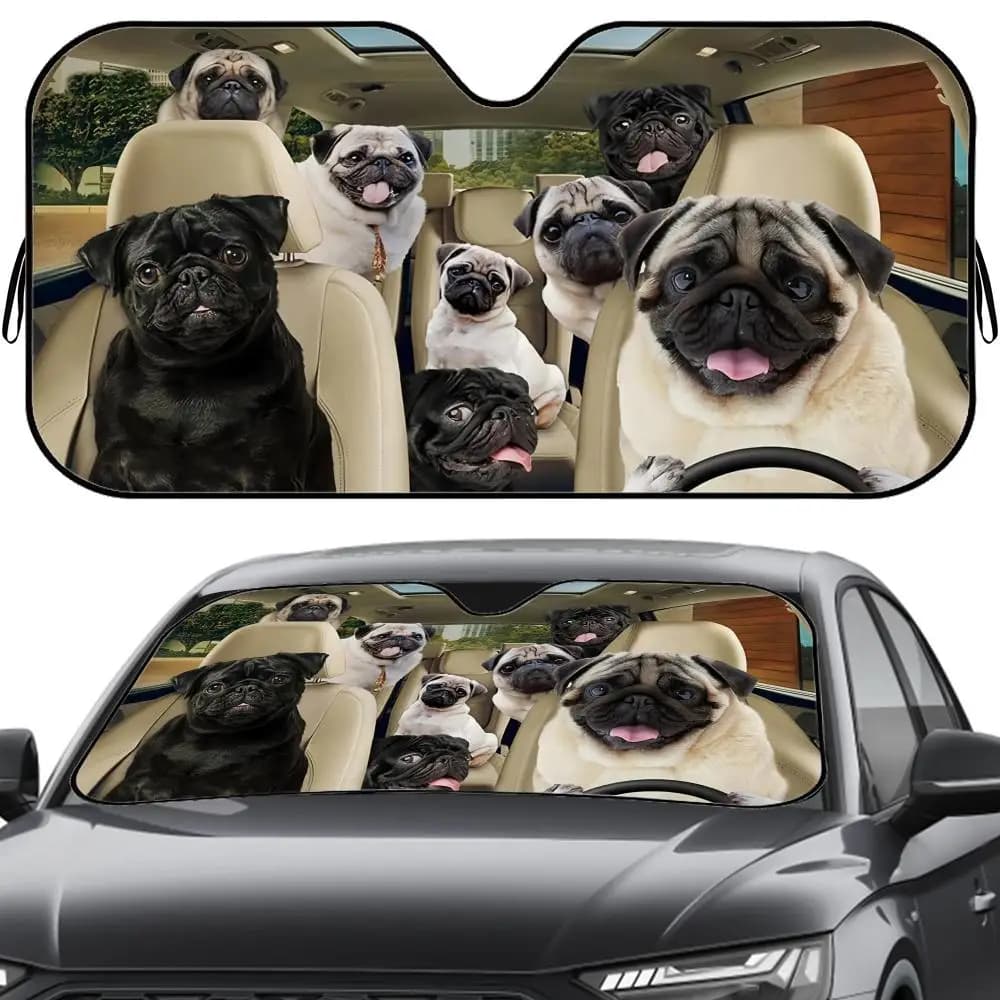 Parasole per Auto con Motivo Cane Pug, Riutilizzabile in Alluminio, Protezione UV e Isolamento Termico