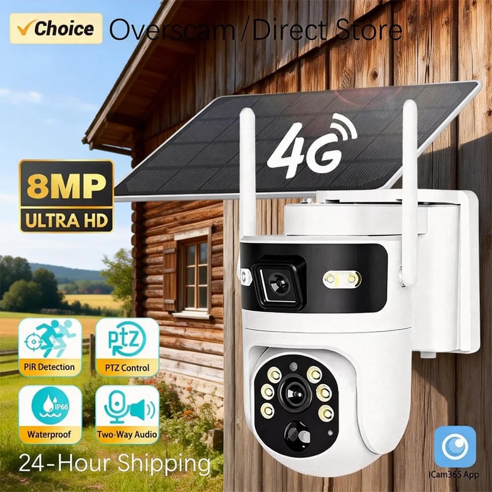 Telecamera di Sorveglianza Intelligente ICam365 4G 4K 8MP con Pannello Solare, PTZ, IP66 Impermeabile, Rilevamento Umano e Visione Notturna a Colori