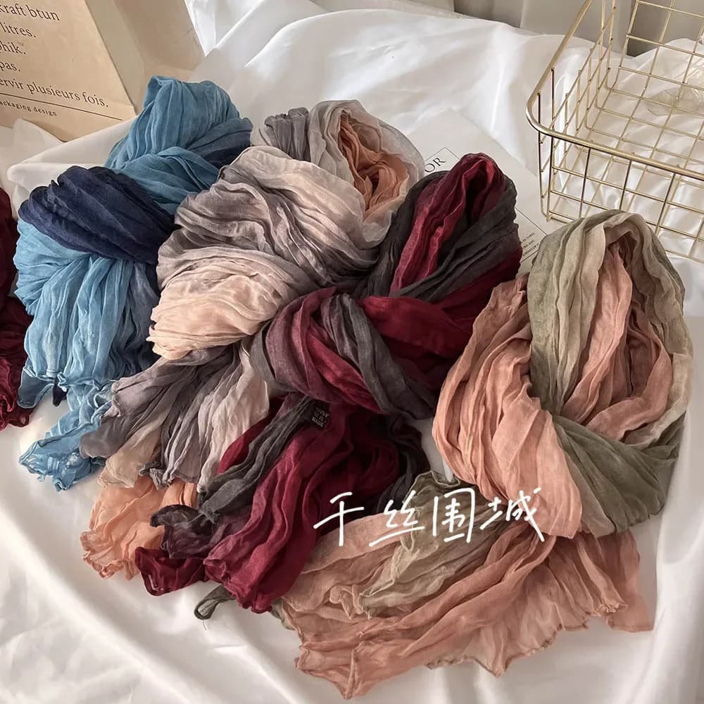 VREOVOR New Scarf Hemp Hand Feel Gradient Blue Autumn Winter Retro Versatile Printed Women's Long Fold Shawl Soft Fashionable