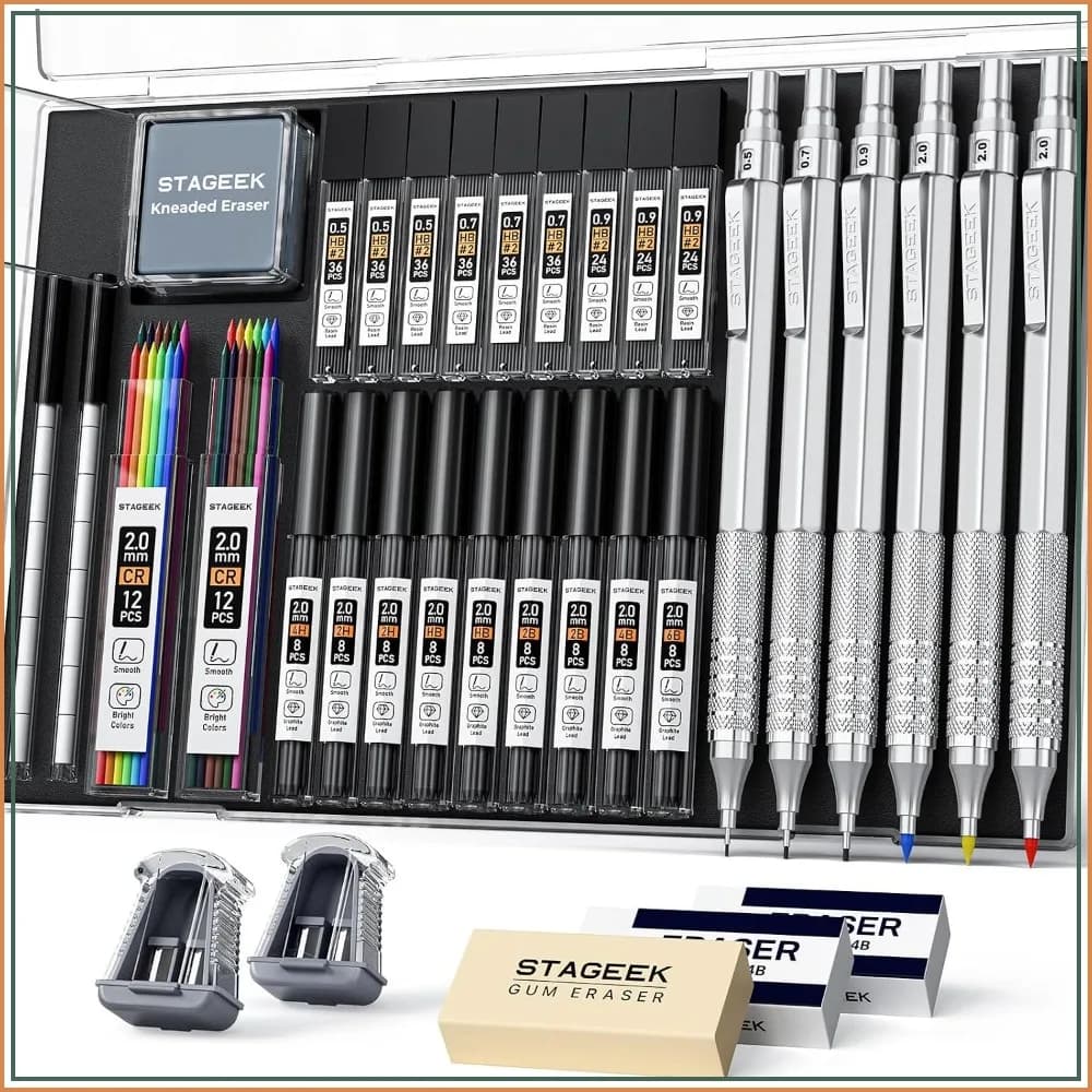 35Pcs Mechanical Pencil Set with Case, 0.5 0.7 0.9 2.0mm Metal Drawing Pencils, 384 Lead Refills for Writing Sketching