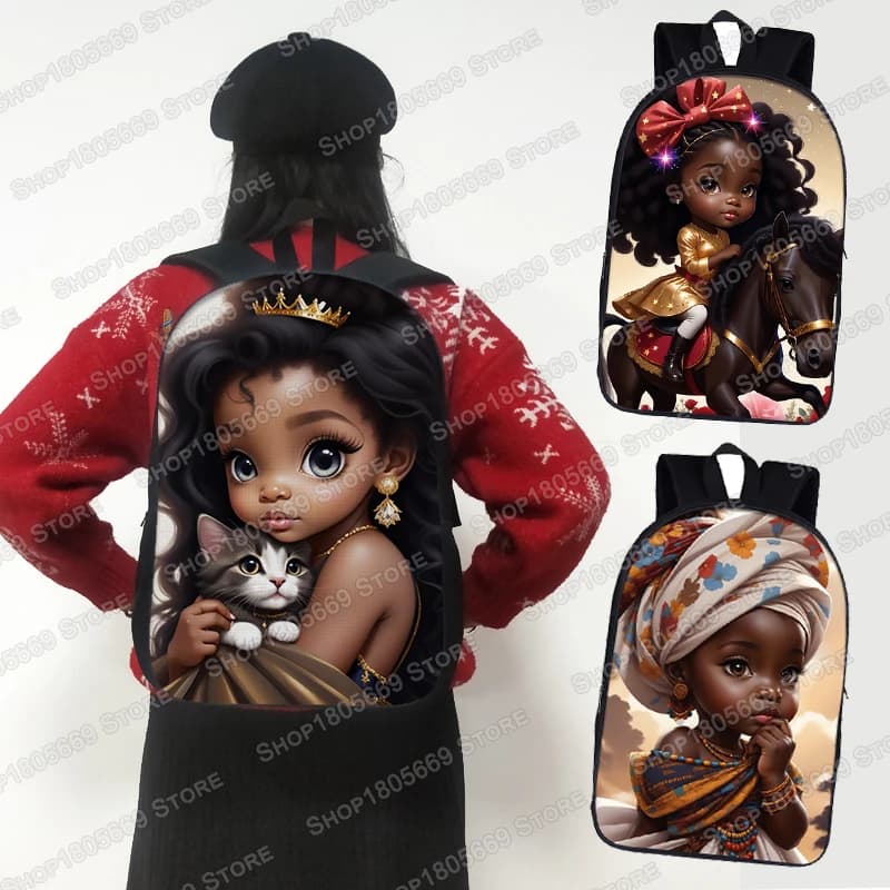 Cute Afro Princess with Cat Dog zaino African Melanin Girls School Bags borsa per Laptop da donna per viaggi adolescente Bookbags Gift