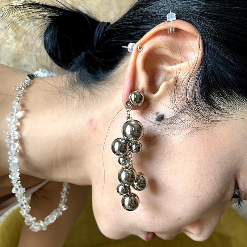 Moda Punk metallo argento palla nappa orecchini pendenti ragazze femminili Trendy Cool orecchini pendenti gioielli esagerati regalo