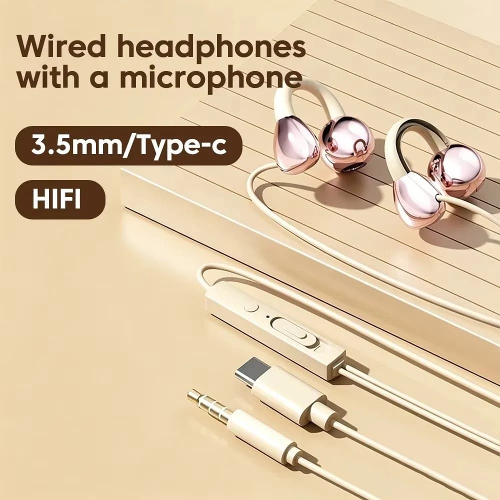 Ear Clip Type Wired Headphones 3.5mm/Type-C Wire Control Ear Clip Headphones Stereo Earbuds HD Voice Not In Ear Headphones