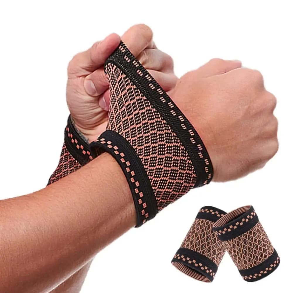 1 paio di supporti per il polso in fibra di rame traspirante, assorbenti il sudore, con compressione, in nylon elasticizzato lavorato a maglia