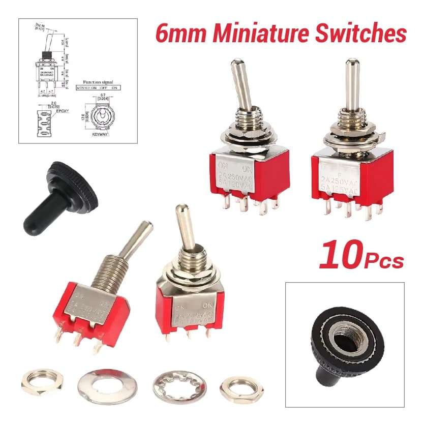 Mini interruttore a levetta da 6 mm MTS-102 103 202 203 SPDT ON-OFF-ON con cappuccio impermeabile 6A 125 V/250 V 3/6 pin