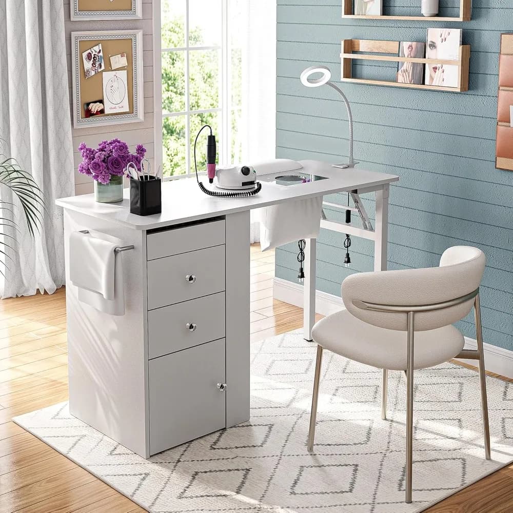 with LED Lamp, Wrist Rest, Rolling Nail Table for Salon, H,Foldable Nail Table with Dust Collector, Manicure Desk for Nail Tech