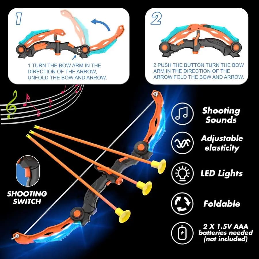 Set Arco e Frecce per Bambini, Gioco di Tiro 2 in 1 con Giocattolo di Tiro con l'Arco Illuminato a LED, Palline in Schiuma, Frecce con Ventosa, Bersaglio, Frecce con Impugnatura, Indoor