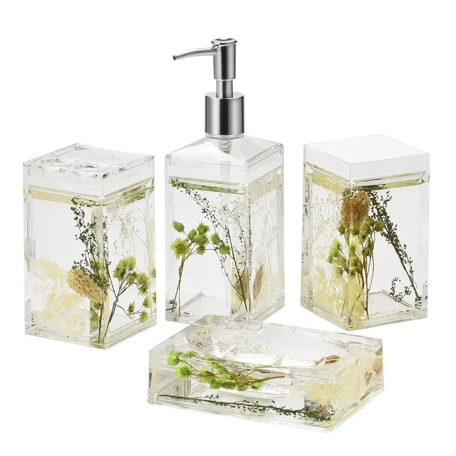 Set di 4 Accessori per Bagno in Acrilico Liquido 4D con Movimento Fluttuante, Portaspazzolino e Bicchiere con Piante Verdi Botaniche da Giardino