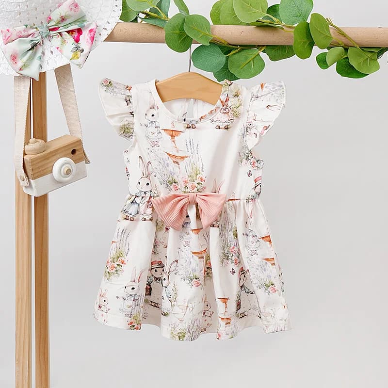 Baby Clothes Cute Cartoon Rabbit Bow Full Print Comfortable Soft Girl Summer Flying Sleeve Baby Dress