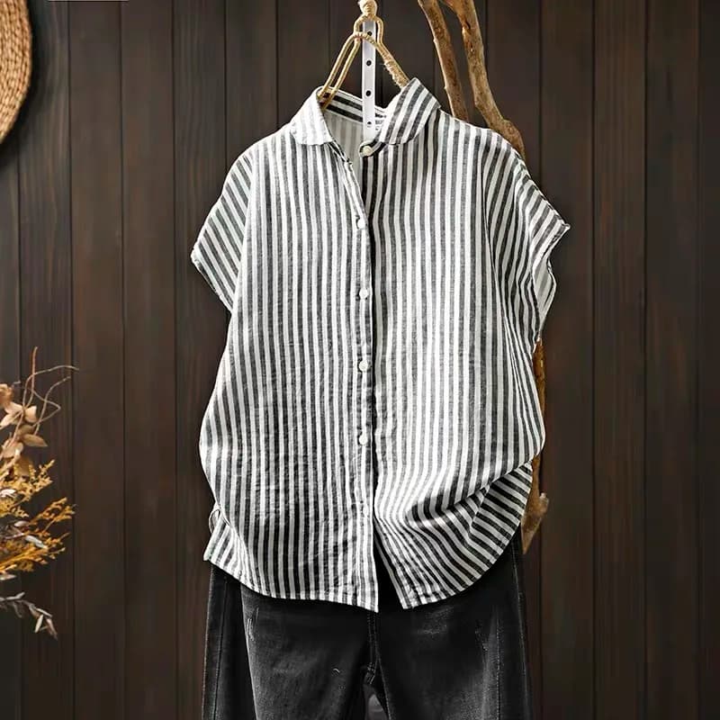 2026 Women Vintage Cotton Yarn Shirts Lapel Collar Vertical Black White Stripes Oversized Loose Breathable Casual Summer Tunic