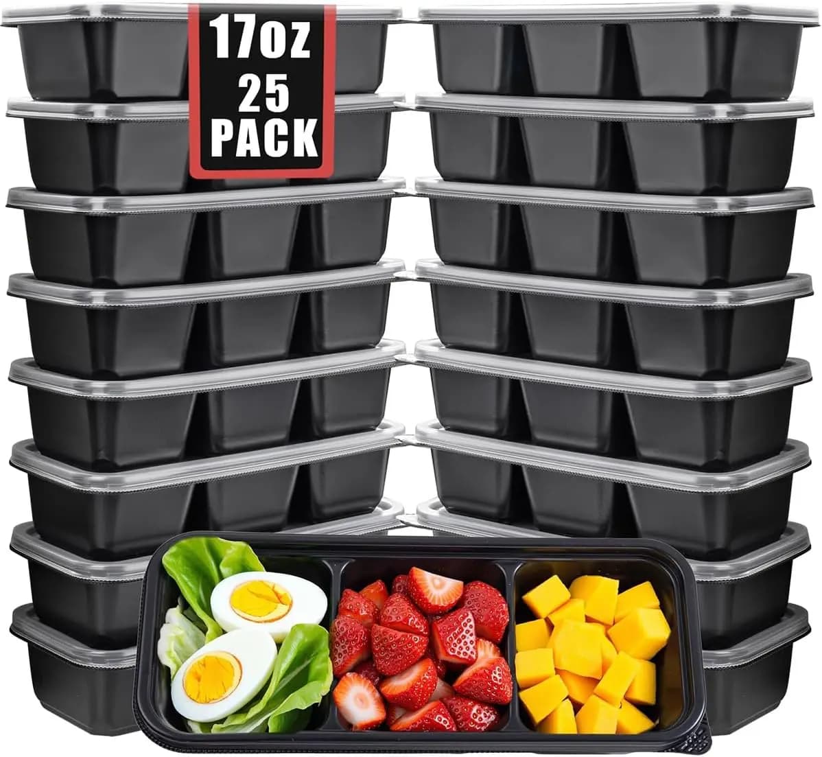 Confezione da 25 piccoli contenitori per la preparazione dei pasti a 3 scomparti – Con coperchi | Scatole Bento monouso ma riutilizzabili per snack e pasti