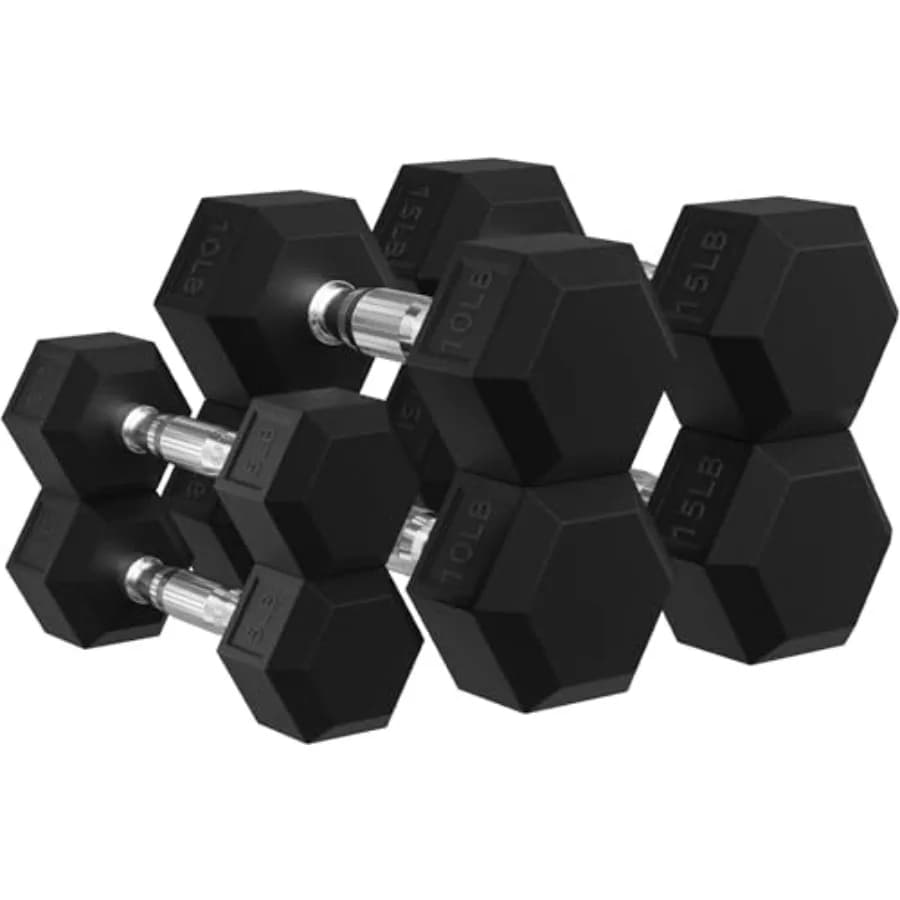 Manubri Esagonali in Gomma Signature Fitness, Set da 10, 15, 20 LB (in Coppia) e Set di Pesi da 5, 10, 15 Coppie per Palestra Domestica, Gomma Nera Resistente