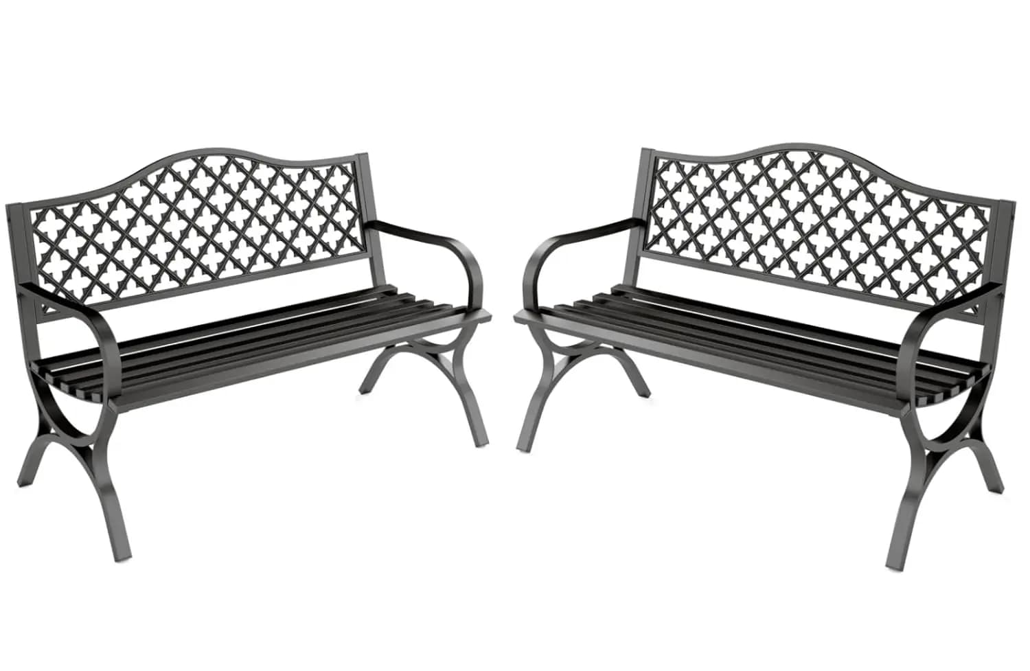 Set di 2 Panchine da Esterno in Metallo, Panchina da Giardino Nera da 50 Pollici con Gambe ad Arco, Struttura in Ghisa, Arredamento da Patio, Personalizzabile