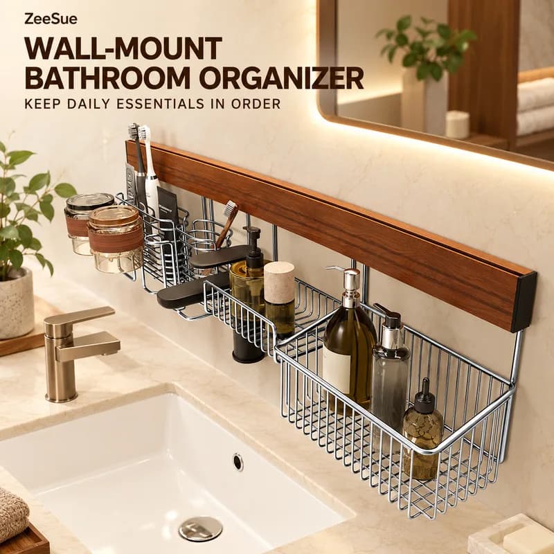 Wall-Mount Bathroom Organizer with Wood-Grain Panel, Metal Storage Baskets and Toothbrush Holder for Sink Counter
