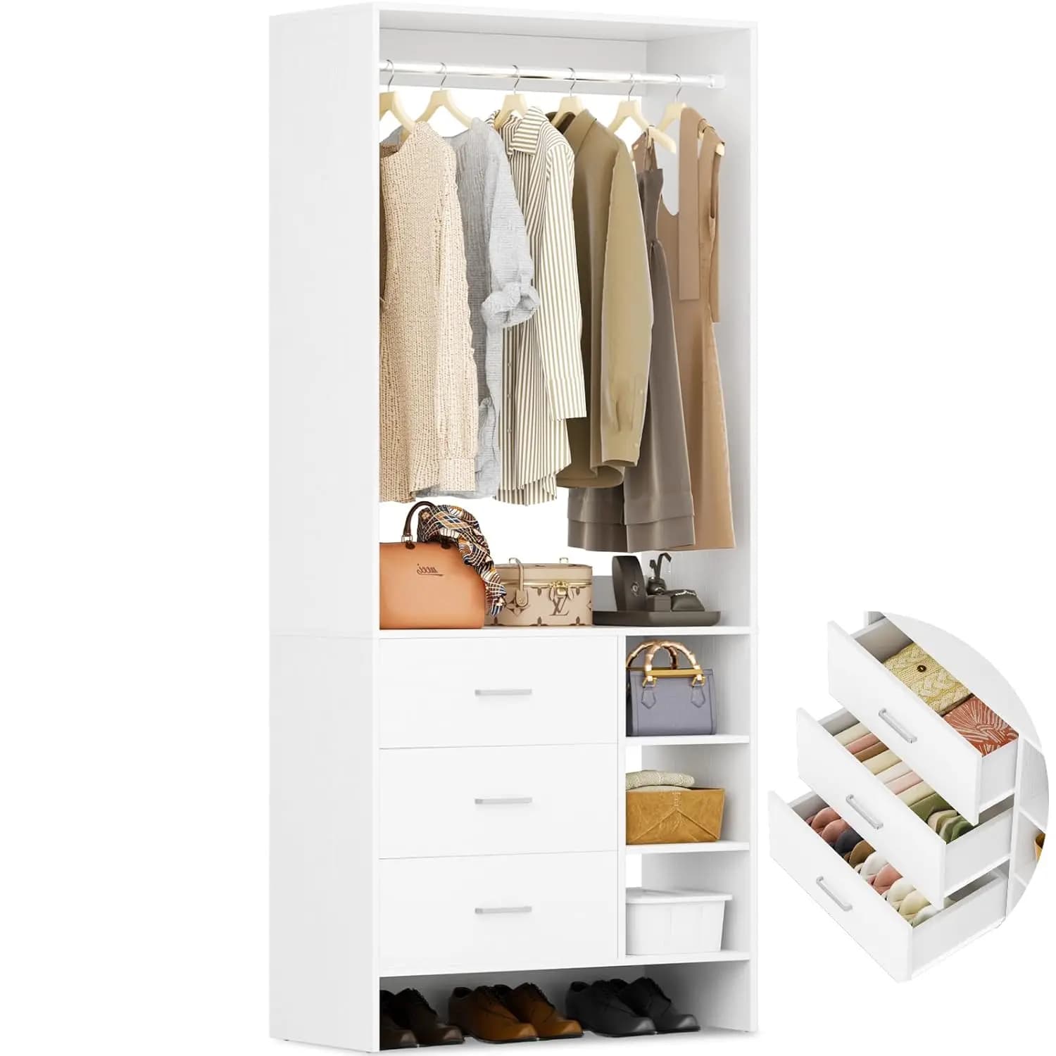 Sistema Armadio da 2,5FT con 3 Cassetti, Organizzatore da 29,5'', Sistema Organizzativo in Legno, per Cabina Armadio o Spazi Piccoli, Personalizzabile