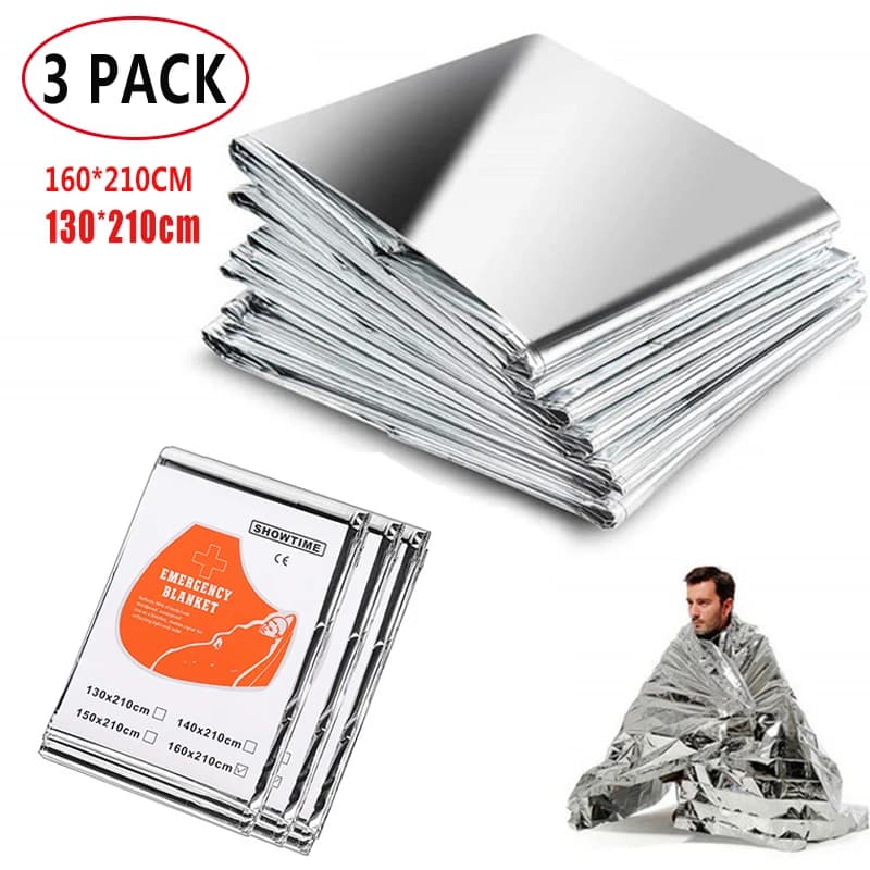 Coperta di emergenza da 3 pezzi 160 * 210 cm Coperta termica per pronto soccorso di sopravvivenza in Mylar Argento per esplorazione di escursioni in campeggio