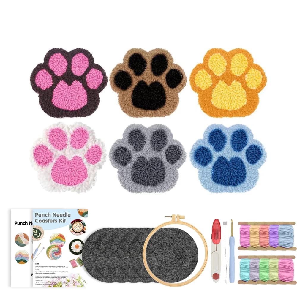 RUOPOTY 6pcs Punch Needle Coaster Puppy Paws Diy Needle Punch Kit Wall Art Picture Crafts Diy Kits Animal Starter Needle Diy