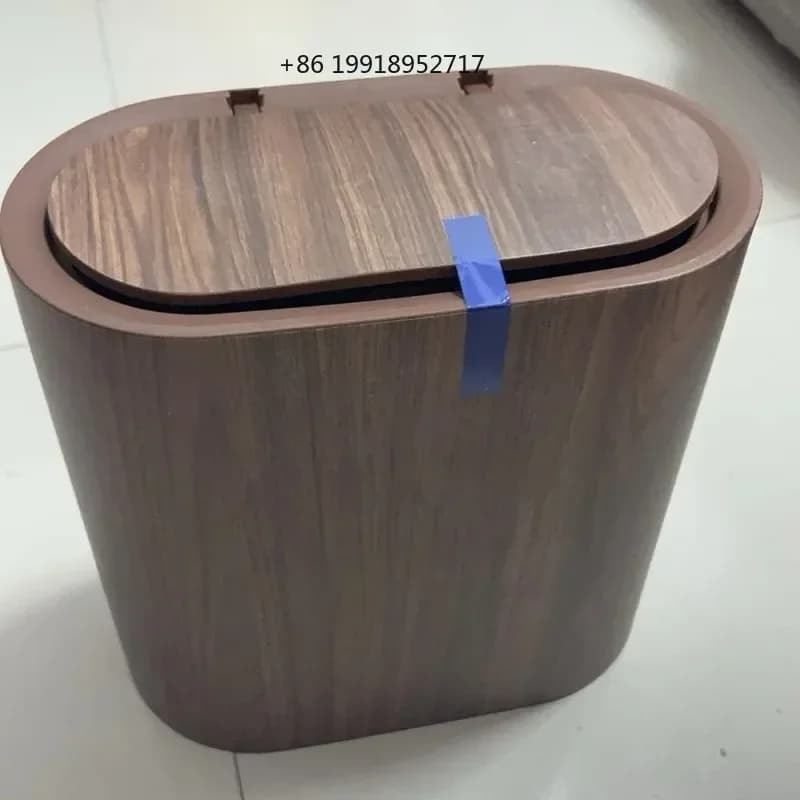 Wood Grain Trash Can with Lid Bathroom Litter Bins Large Capacity Wastebasket Living Room Toilet Retro Recycle Bin