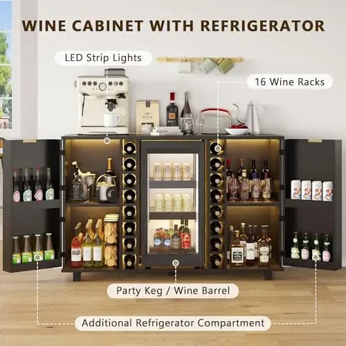 Modern Bar Cabinet With Built-In Refrigerator Compartment, 16 Vertical Wine Racks, LED Strip Lighting, Party Keg Holder For