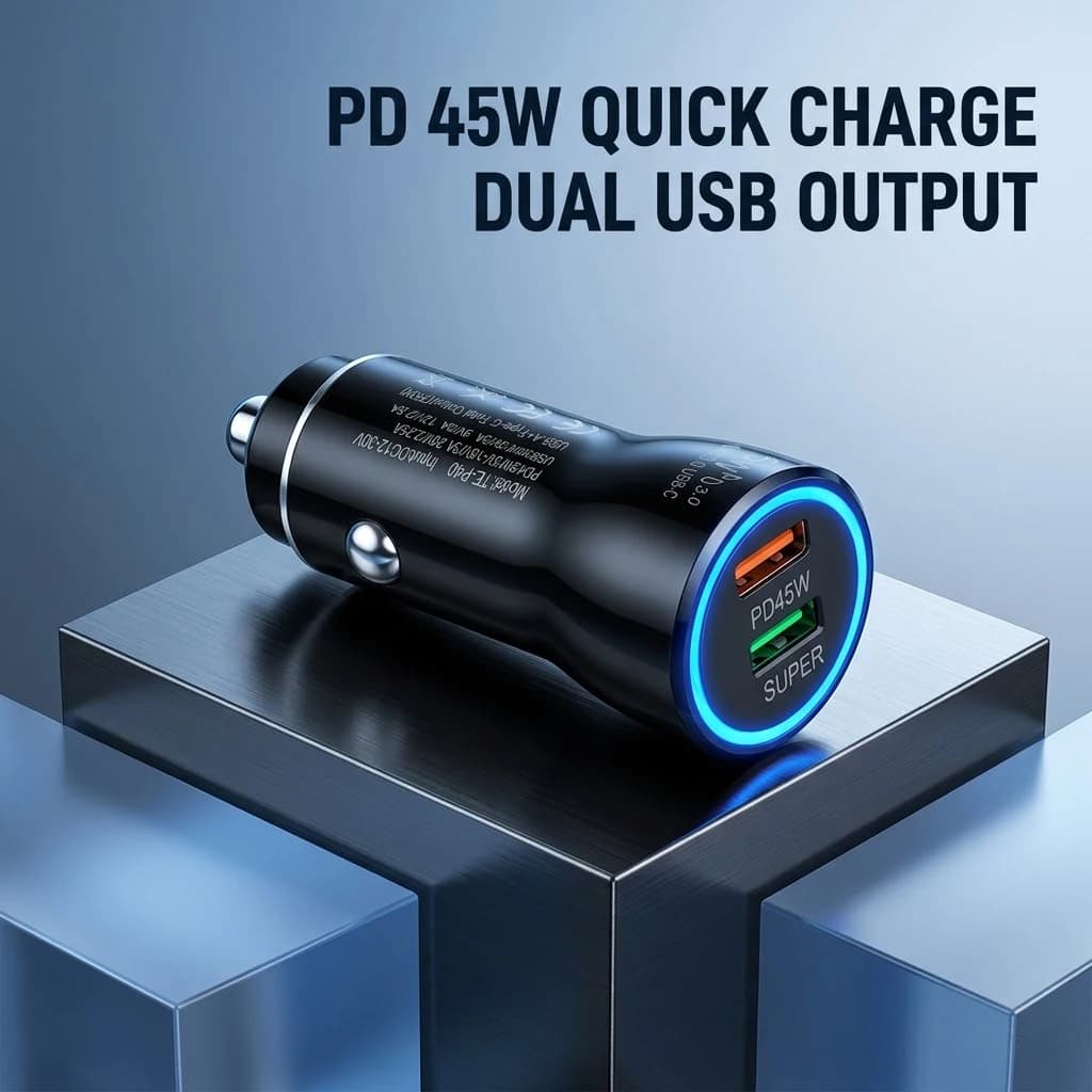 Caricabatterie da auto a doppia porta 45W PD e USB A QC3.0 con luce LED per cellulari, tablet e telecamere da cruscotto