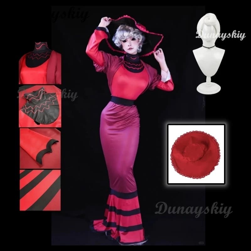 Rosie Cosplay Anime Hazbinzin Costume Parrucca Hotel Cos Abito rosso Uniforme Gioco di ruolo Festa di Halloween Set completo Donne adulte