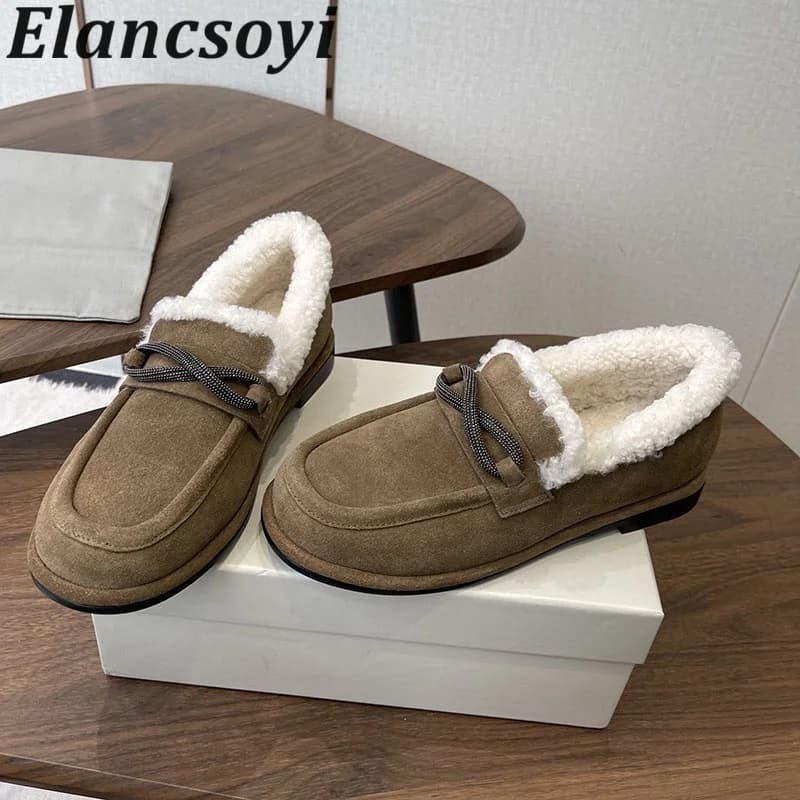 Walking Shoes Round Toe String Bead Decor Plush Lining Loafers Women Spring Autumn Cow Suede Retro Flat Bottom Single Shoes