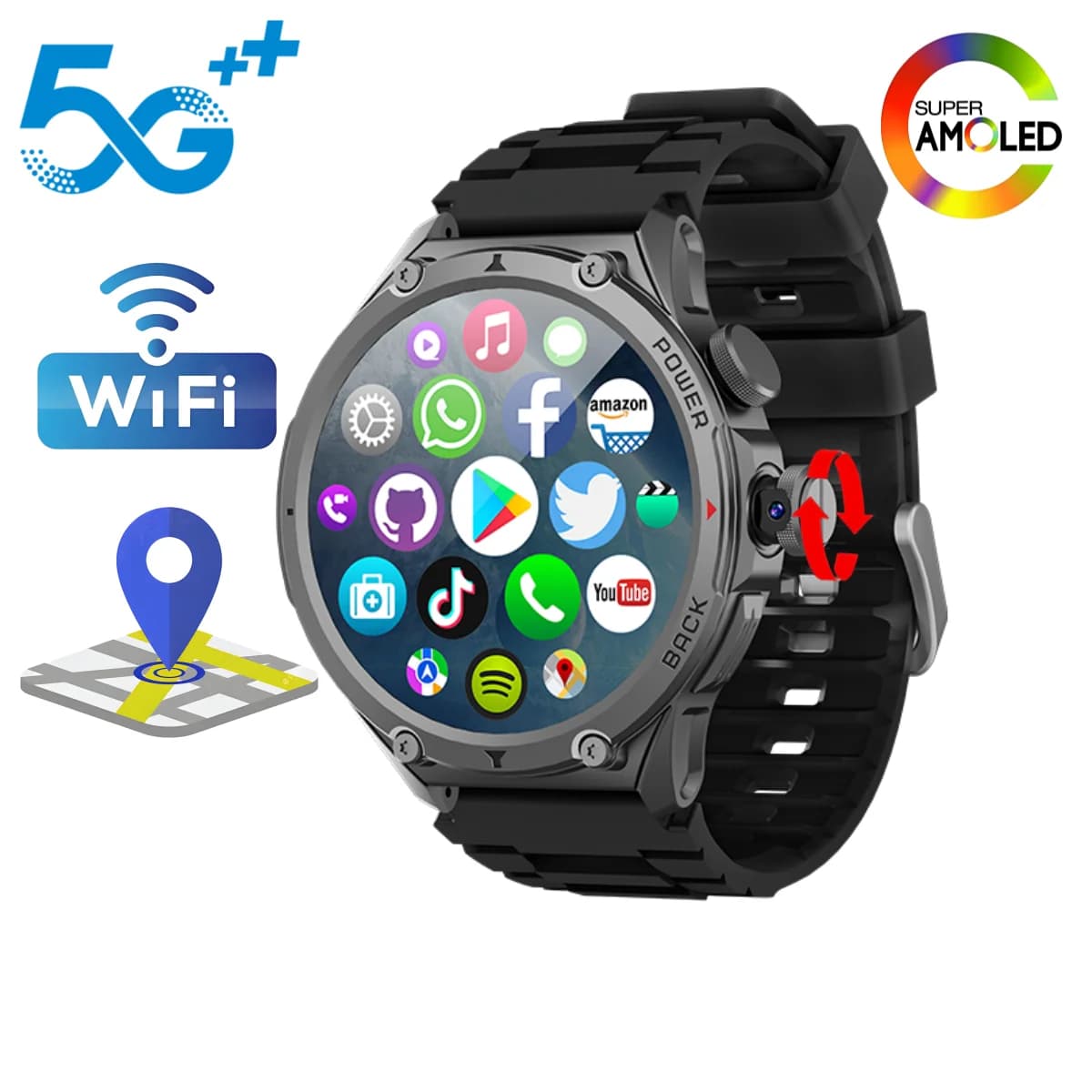 Lady 5G LTE Smartwatch with WiFi SIM 1.6 Inch AMOLED Display Rotating Cameras Video Call GPS Play Store App Download
