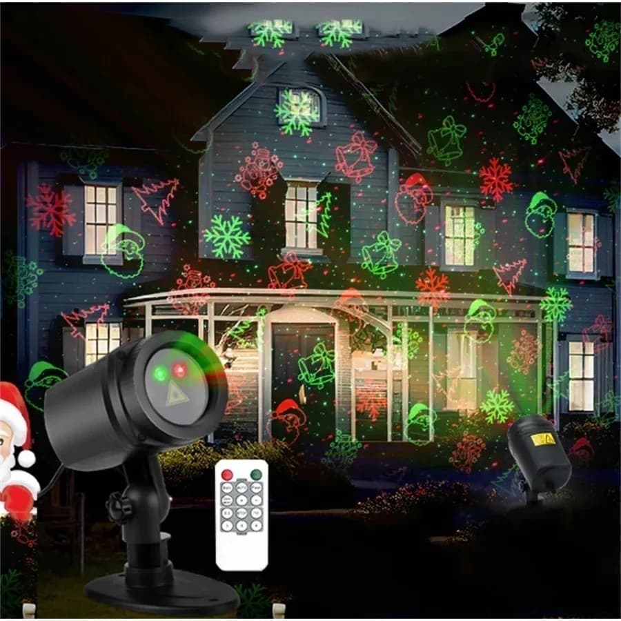 Proiettore Laser Natalizio Rosso e Verde con Telecomando, 12 Motivi, Luci per Feste Natalizie, Decorazioni per Giardino e Casa