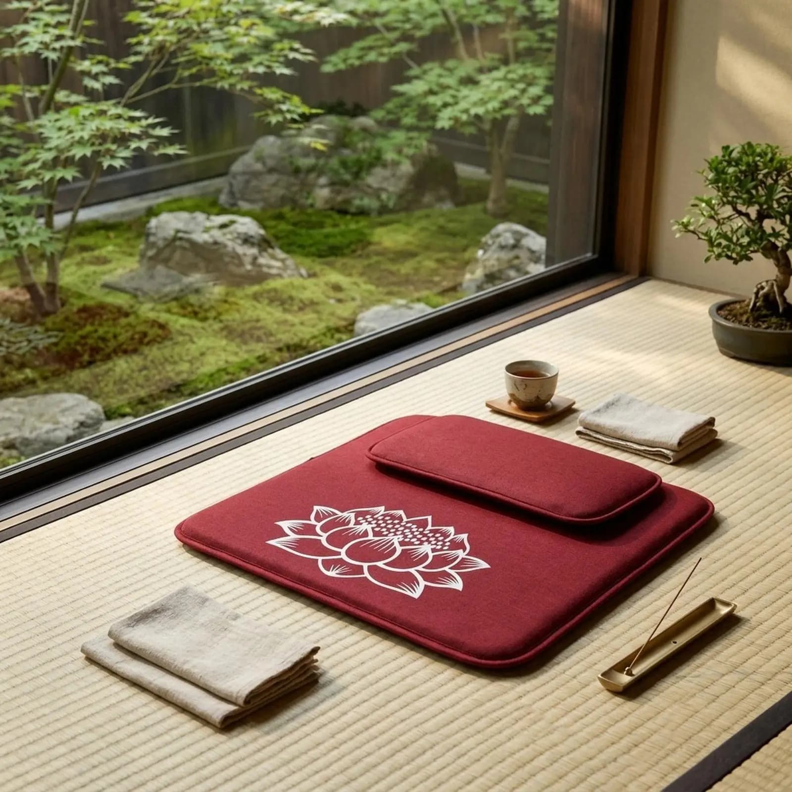 Flax Seat Cushion Minimalist Lotus Design Square Mat for Meditation Yoga Outdoor Lounger Seating