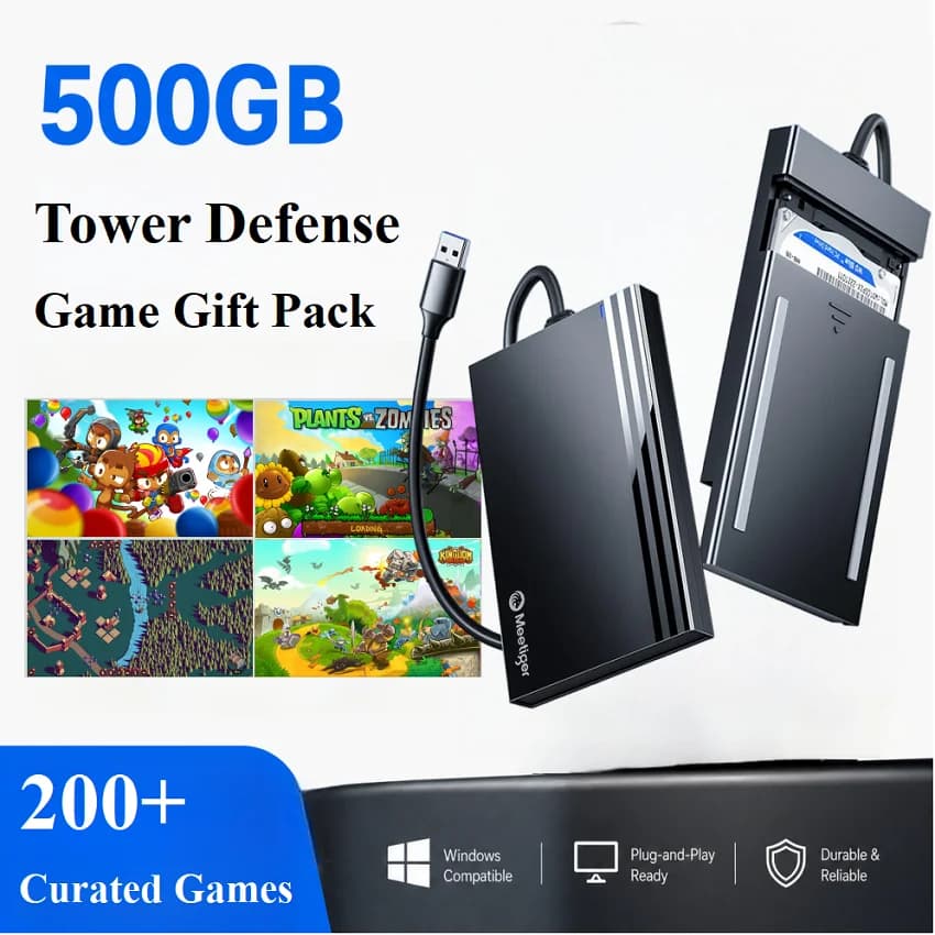 500GB Tower Defense Gaming Drive 200+ Preloaded PC Games Plug & Play From Legendary Classics to Modern Strategy Masterpieces