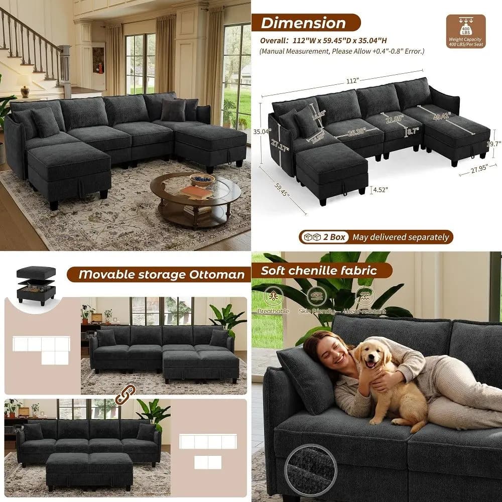 112 Modular Sectional Sofa U Shape Couches with Storage Ottoman and Washable Cushion Cover for Living Room, Bedroom, ApartmentB