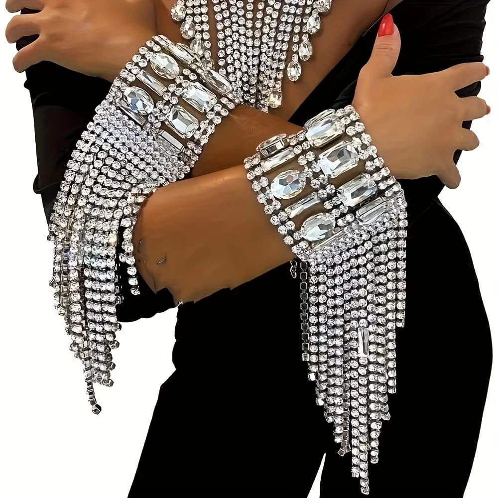 1 Pezzo Bracciale Lungo con Strass Esagerati e Pietre Ovali Grandi, Bracciale a Catena con Nappe Lunghe da Donna, Bracciale Geometrico in Cristallo