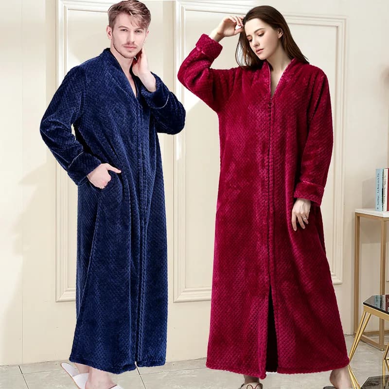 Autumn Winter Thicken Coral Fleece Long Robe Home Wear Sleepwear Zipper Warm Thick Bathrobe Women Men Flannel Cozy Dressing Gown