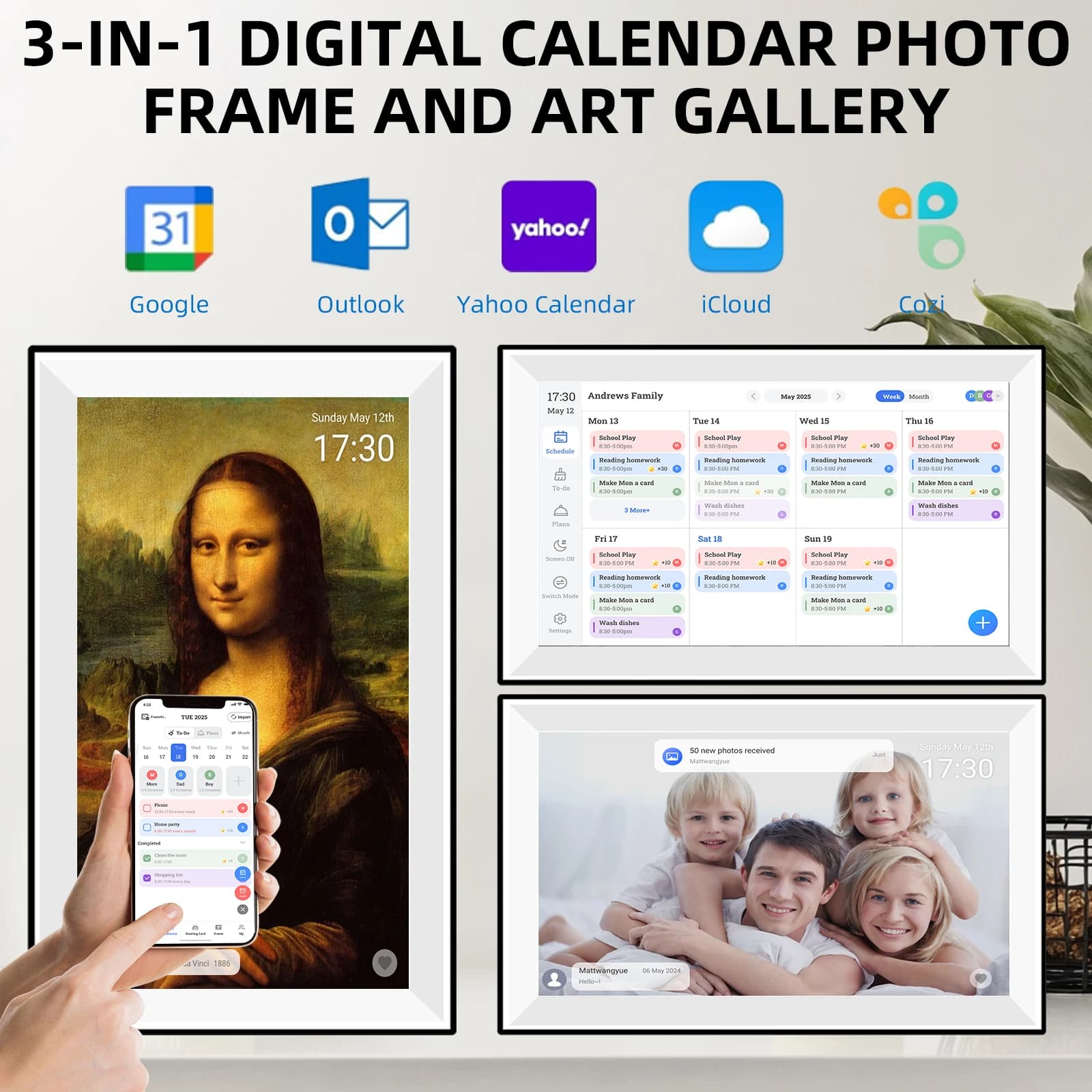 Digital Family Shared Calendar Digital Photo frame Art Galleries 15.6 Inches Touchscreen 3-in-1 Display for Family Schedules