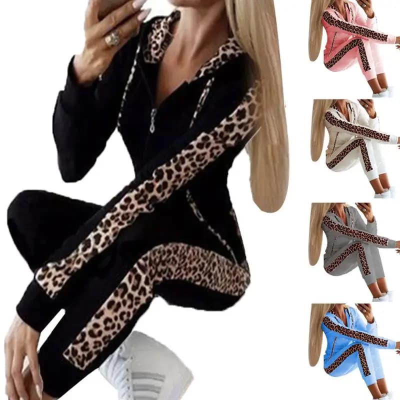 Set di felpa con cappuccio e pantaloni casual da donna con stampa leopardata, con cerniera, maniche lunghe, moda autunno primavera, abbigliamento da donna, set due pezzi