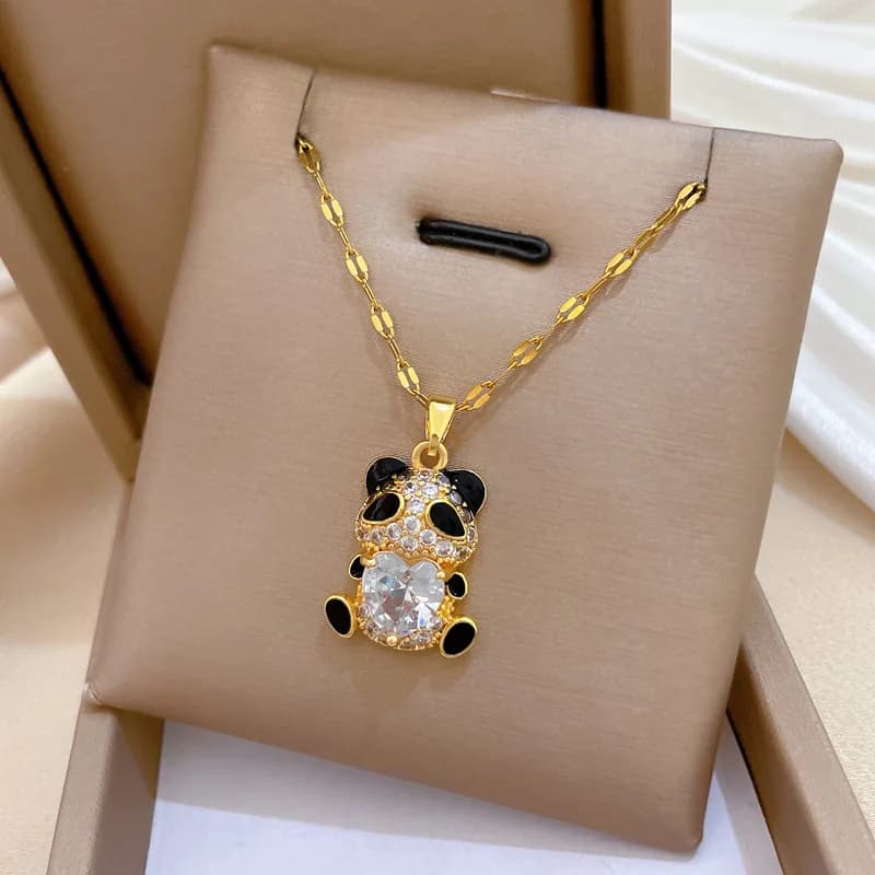 New Fashion Lovely Cute Panda Bear Pendant Gold Color 316L Stainless Steel Chain Necklace AAA CZ Zircon Party Jewelry