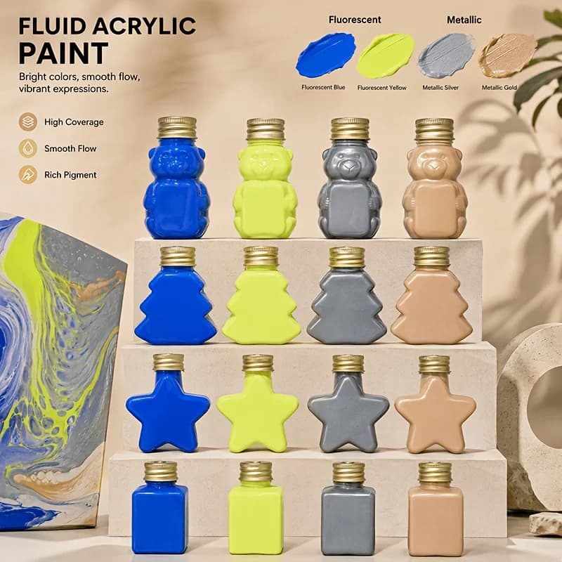 4‑Color 50ml/1.69oz Fluid Acrylic Art Set, 2 Metallic + 2 Neon, Colors: Neon Blue, Neon Yellow, Metallic Silver, Metallic Gold. 4 creative shaped bottles: Bear, Star, Christmas Tree, Cube. Pre‑mixed paint with excellent flow, rich pigment & glossy finish