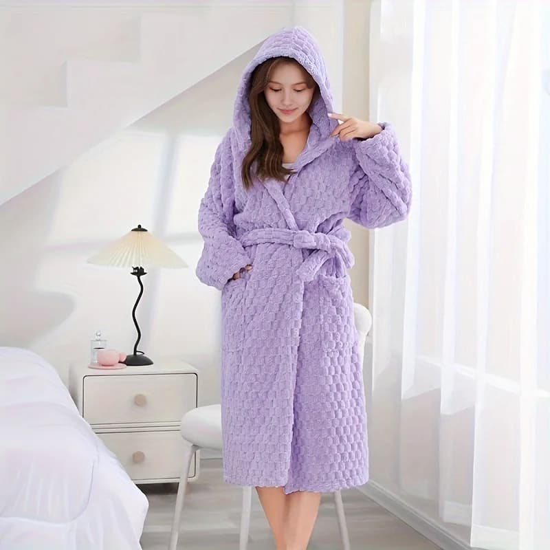 Shower Bathrobe Women Hooded Kimono Winter Warm Coral Fleece Sleepwear Long Sleeve Kimono with Pocket Pajamas Loungewear