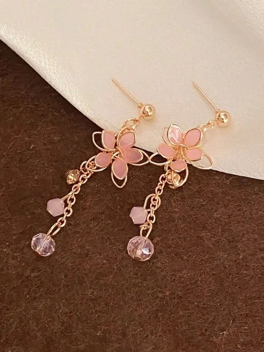 Elegant Pink Floral Crystal Drop Earrings For Women Fashion Jewelry