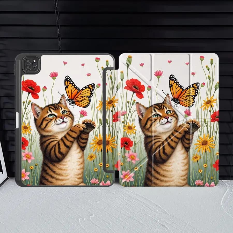 Custodia Protettiva per Tablet con Supporto per iPad Air 2025 4 5 M3 Pro 10th 7th 11th 9th 8th Mini 7 6 Air M2 1 2 M4 - Motivo Gatto, Farfalla, Fiore