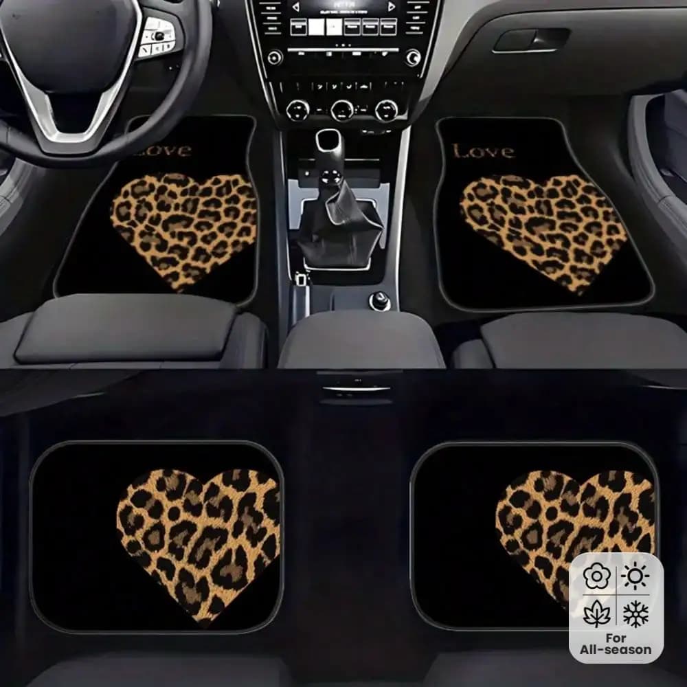 4 car mats with heart-shaped leopard print, universal mats, suitable for all seasons, suitable for all car models