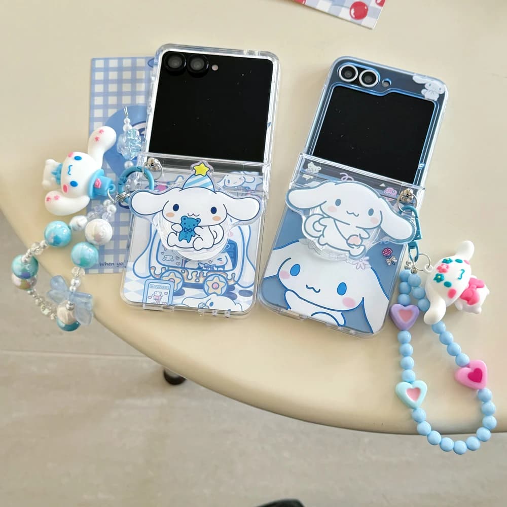 Custodia per telefono Sanrio Cinnamoroll con supporto a forma di cartone animato per Samsung Galaxy Z Flip 7 6 5 4 3, cover rigida con cordino