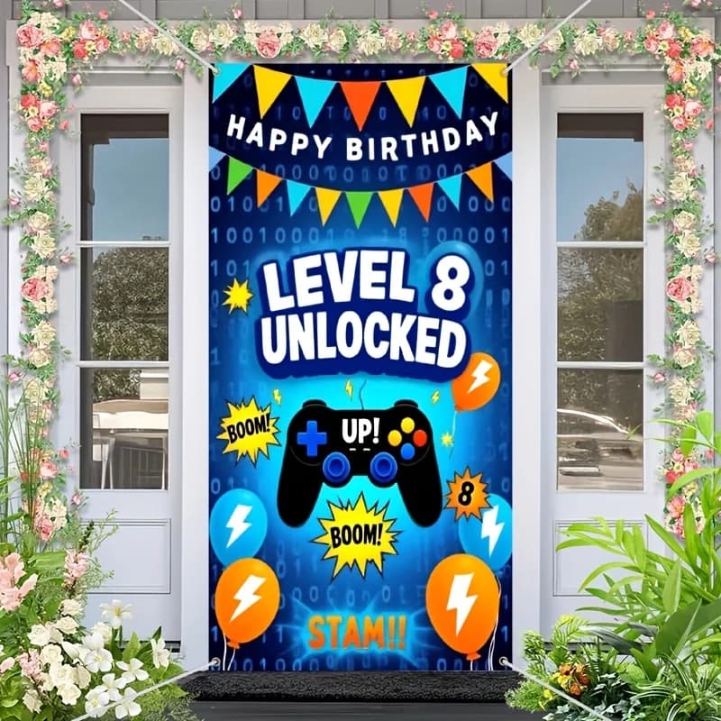 Banner per porta 2D 1 pezzo Banner vibrante per festa di compleanno per videogiochi - Tema "Livello 8 Sblocco" con controller di gioco e Fulmine
