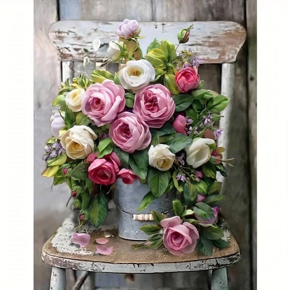 Professional Art Use Paint by Numbers Kit for Adults Beginner, Gift Canvas Painting Kits, The Flower Pot on The Chair Oil Painti