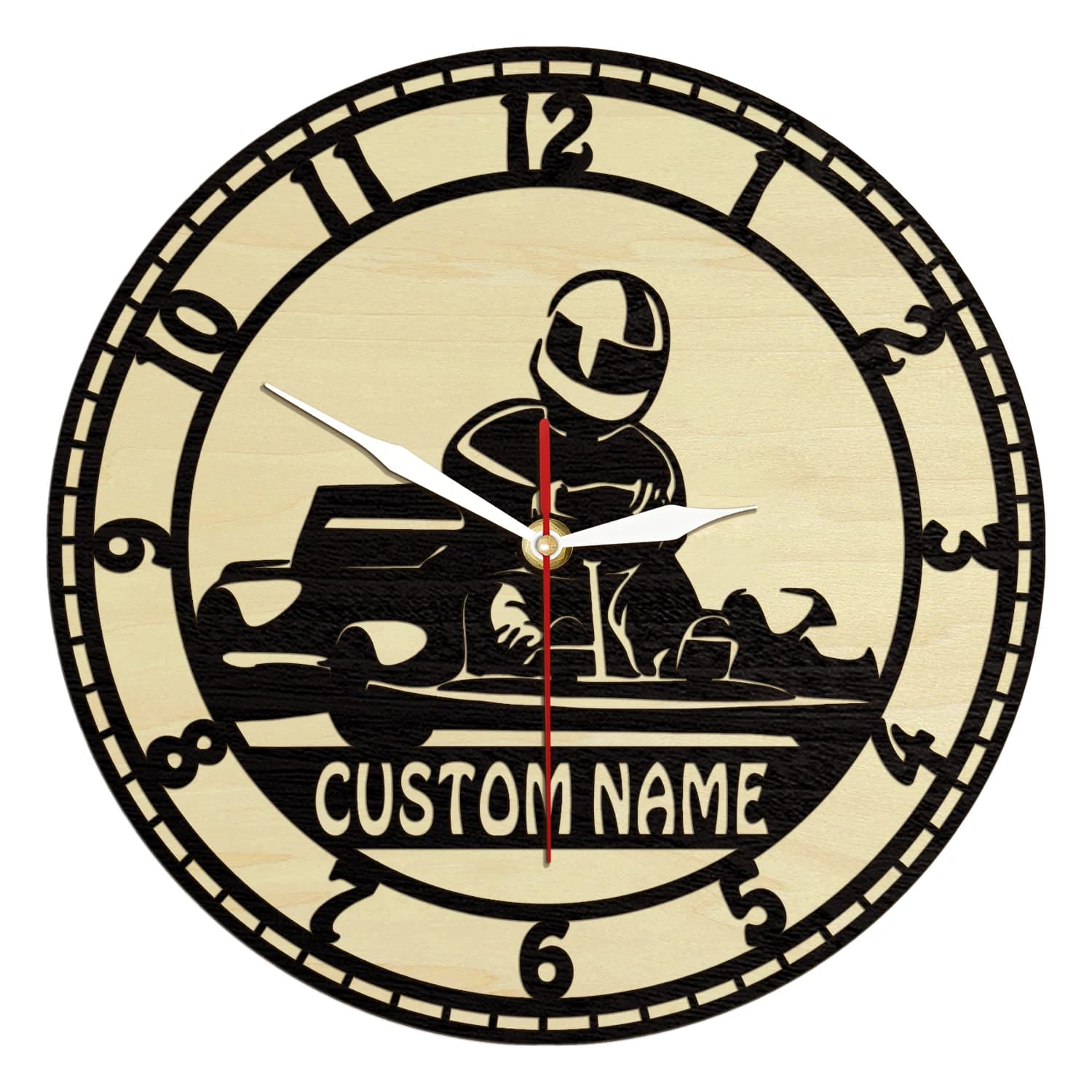Bandiera da corsa personalizzata Go Kart Racing Orologio da parete con cornice in legno Nome racer personalizzato Go Kart Biker Home Decor Orologio in legno naturale