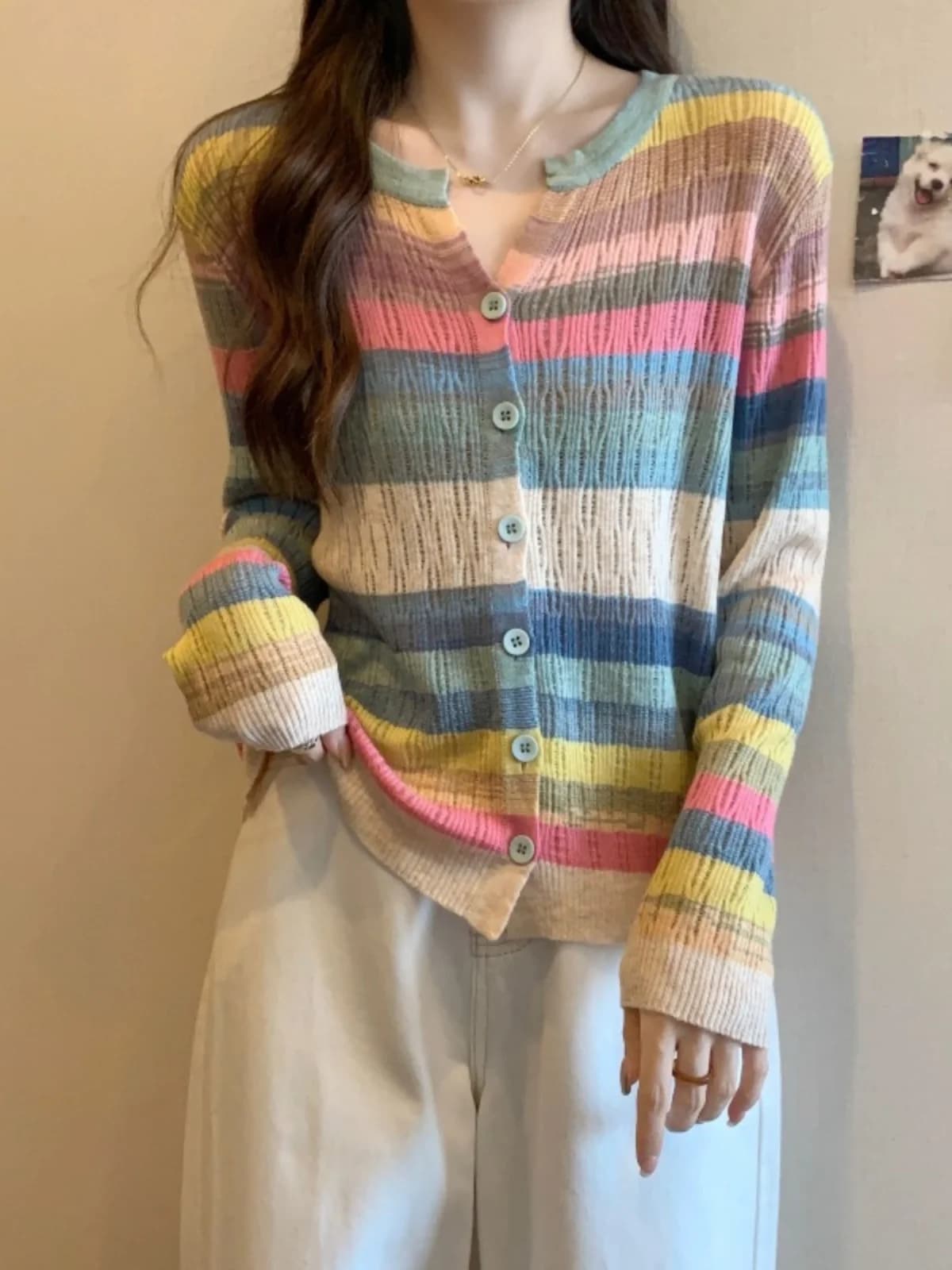 Rainbow Stripes Knitted Long Sleeve Women's Top Conceals Belly Flattering plus Size Autumn Fashion Commute Style Regular Fit
