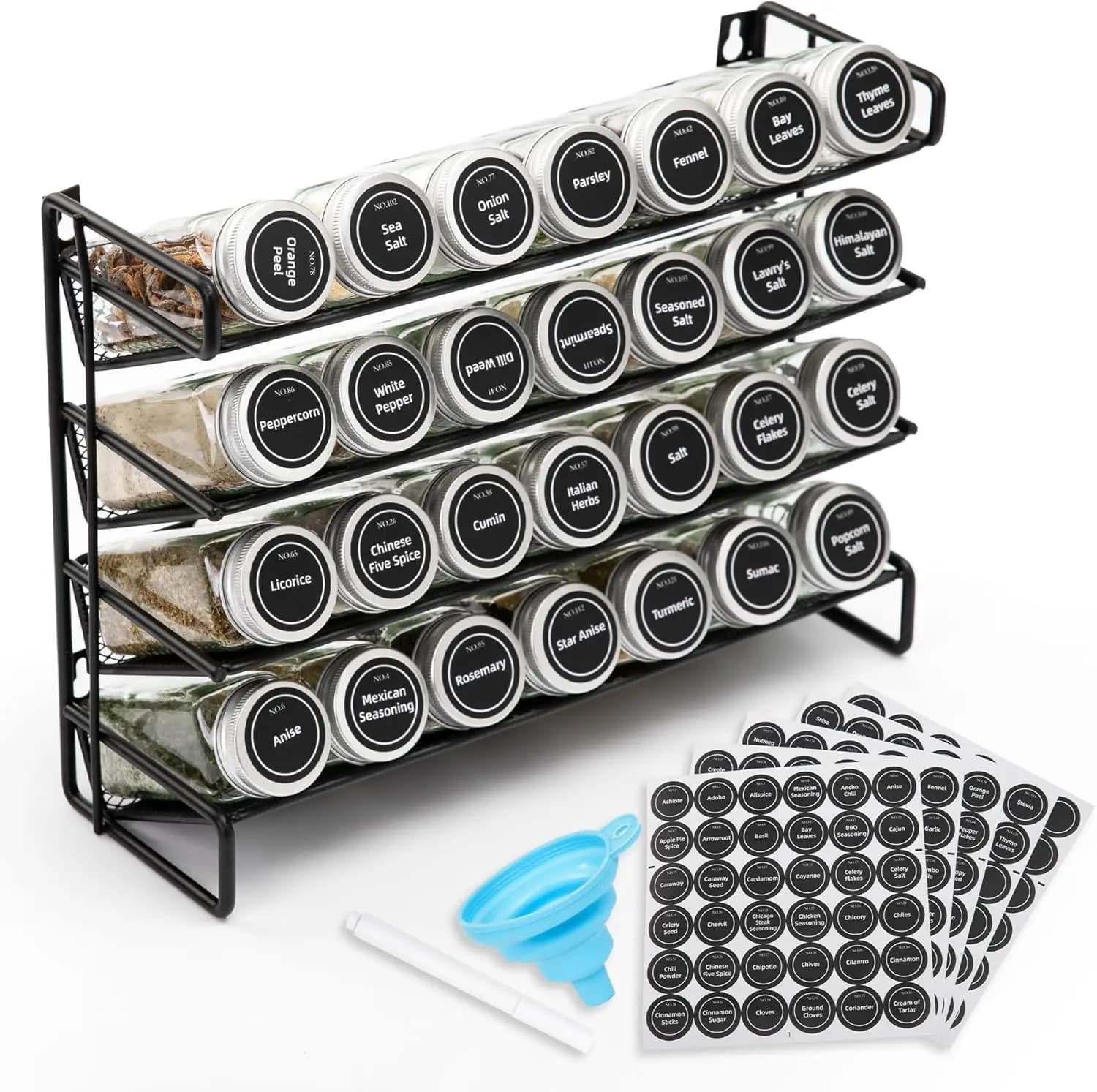 Set Organizzatore per Spezie a 4 Livelli con 28 Barattoli in Vetro, Etichette, Imbuto e Pennarello - Utilizzo a Parete o su Piano di Lavoro
