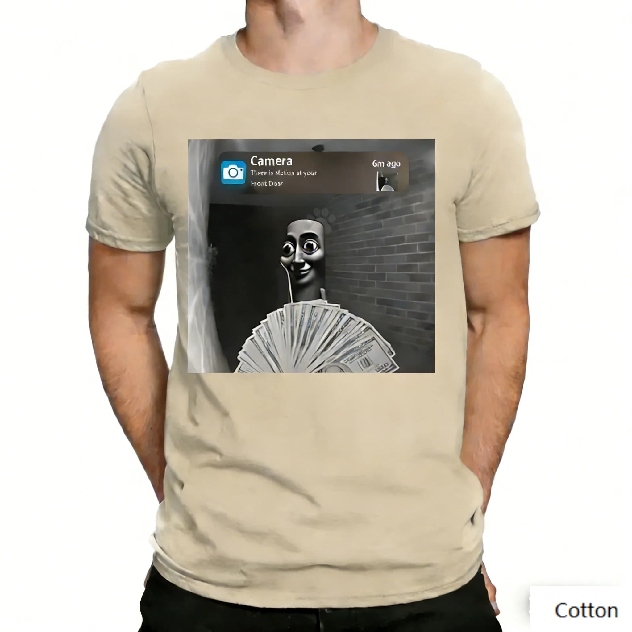 T-shirt con grafica Meme della telecamera di sicurezza per porta d'ingresso, 100% cotone unisex, streetwear divertente con stampa di soldi, maglietta casual con meme virale