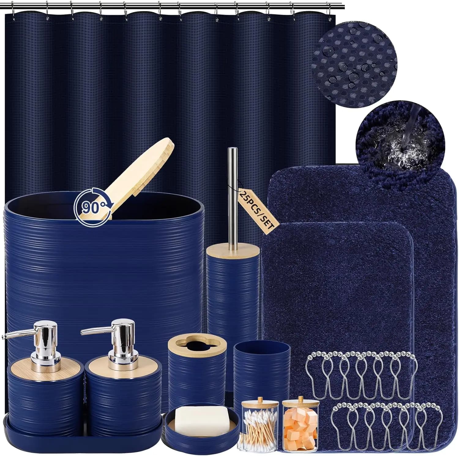 Set di Accessori per Bagno Blu Navy con Tenda Doccia e Tappetini, Set da 25 Pezzi Include Ganci, Dispenser Sapone, Porta Scopino WC